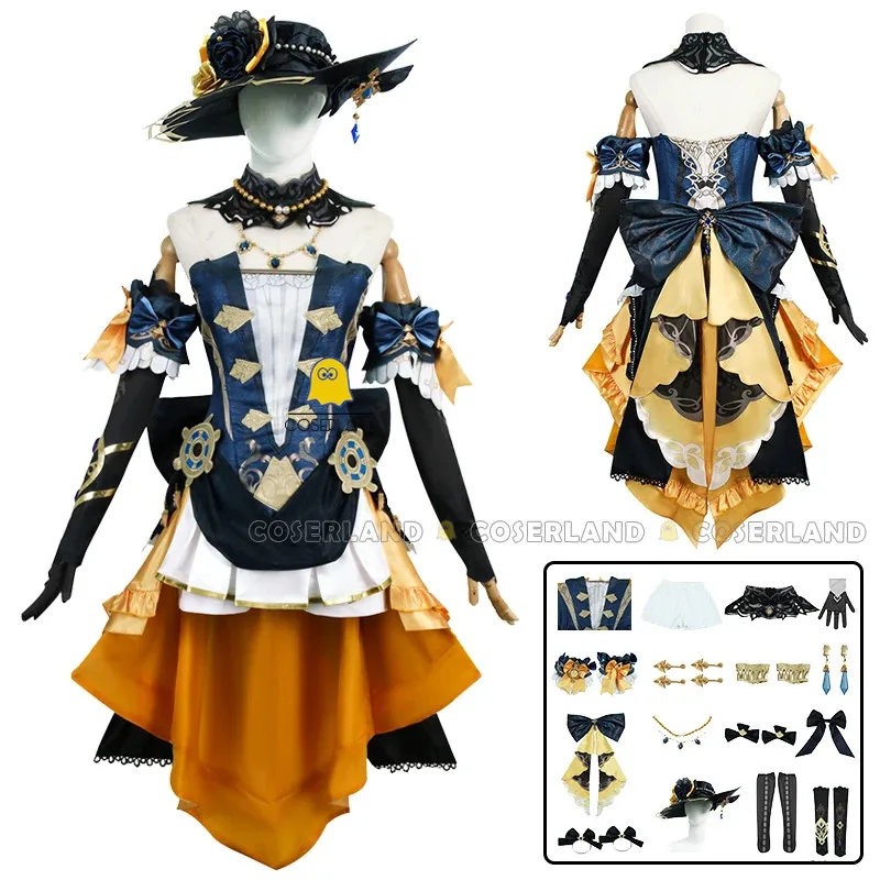 Navia Genshin Impact Cosplay Costume Wig Dress Fontaine Spina Di Rosula Hat Earrings Halloween Party Costume for Women Role Play