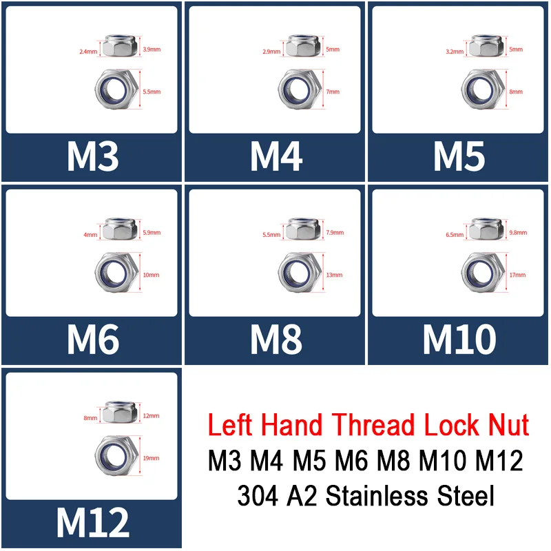M3 M4 M5 M6 M8 M10 M12 Left Hand Thread 304 A2 Stainless Steel Reverse Rotate Hexagon Nylon Insert Self Lock Nut Nylock Locknut