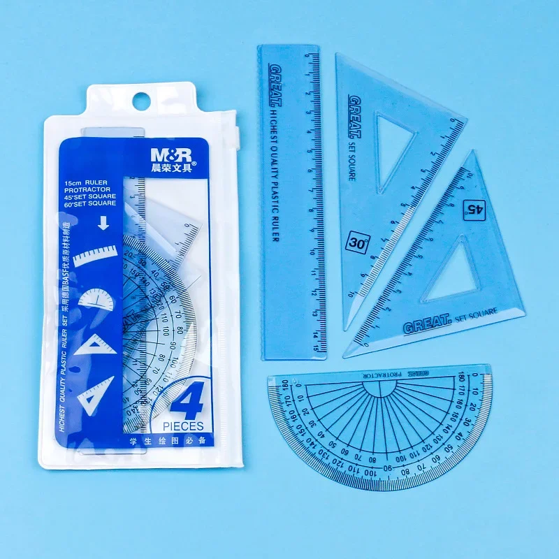 4 Pcs/pack Students Maths Supplies Geometry Ruler Set Squares Protractor Hot Selling