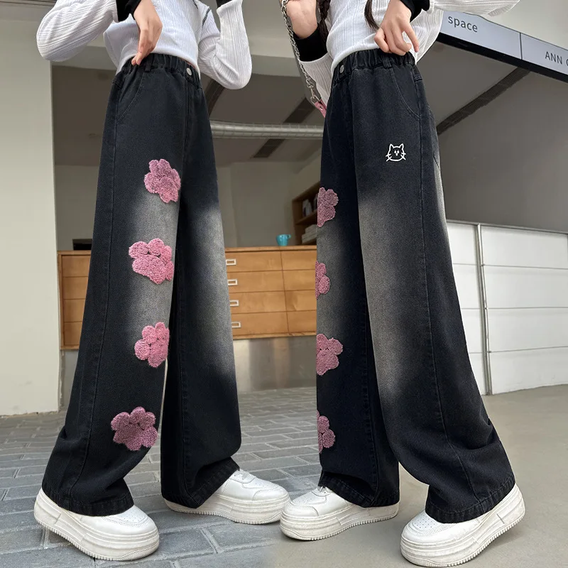 

Autumn Teen Girls Jeans New Children's Fashion Loose Catclaw Towel Embroidery Straight Denim Pants Kids Casual Wide Leg Trousers