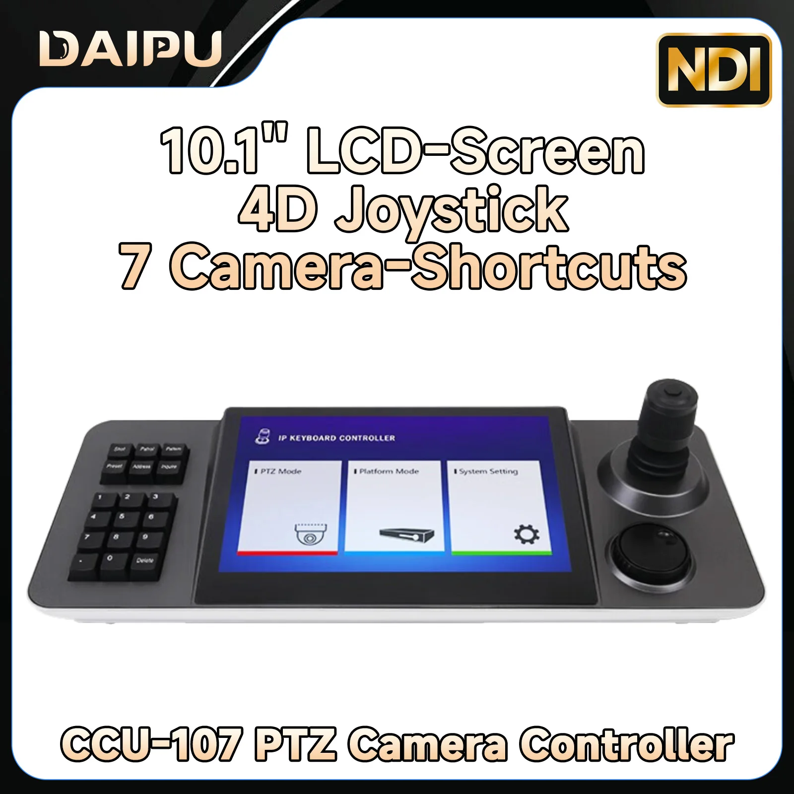 

Контроллер PTZ-камеры DAIPU, клавиатура управления, 10,1-дюймовый ЖК-экран, 4D-джойстик, 7 фотоаппаратов