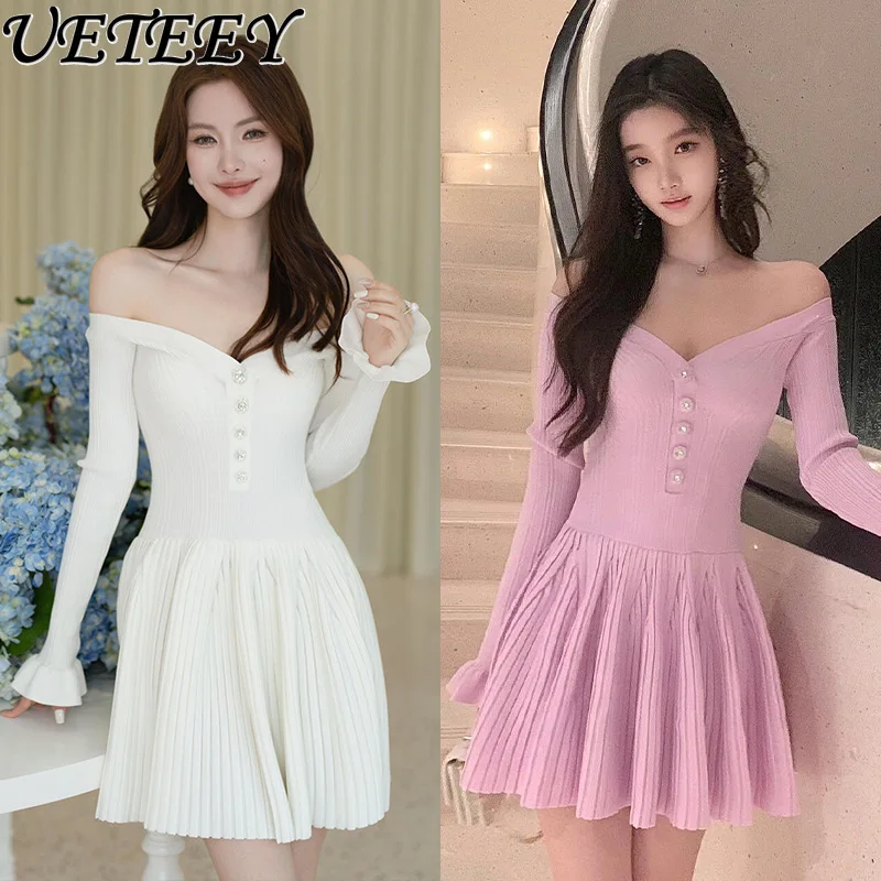 

2025 Summer New French Celebrity Sexy Dresses Off-the-shoulder Temperament Fashion Elegant Age-reducing High Waist Dress