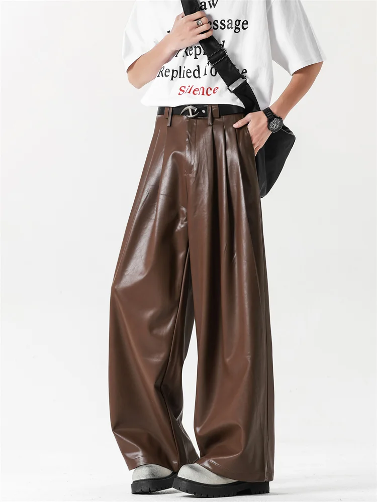 

Мужские повседневные брюки из искусственной кожи в американском стиле, широкие, свободного кроя, молодежные, летние, длинные