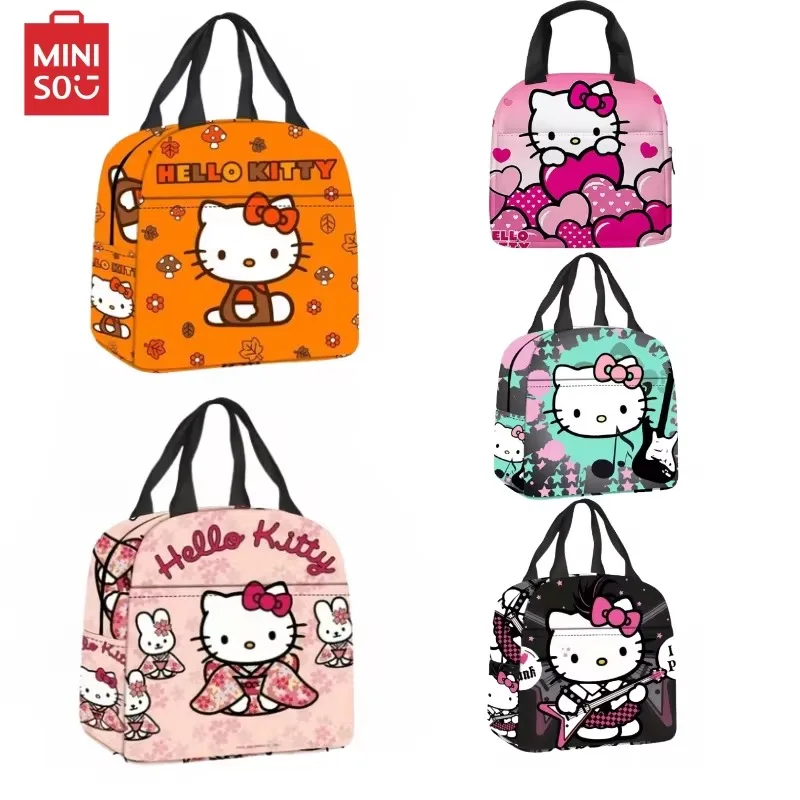 ​​​​MINISO Hello Kitty Lunch Bag Cute Sanrio Anime Insulated Student Tote Bag Kawaii Cartoon Handbag Kids Birthday Holiday Gifts