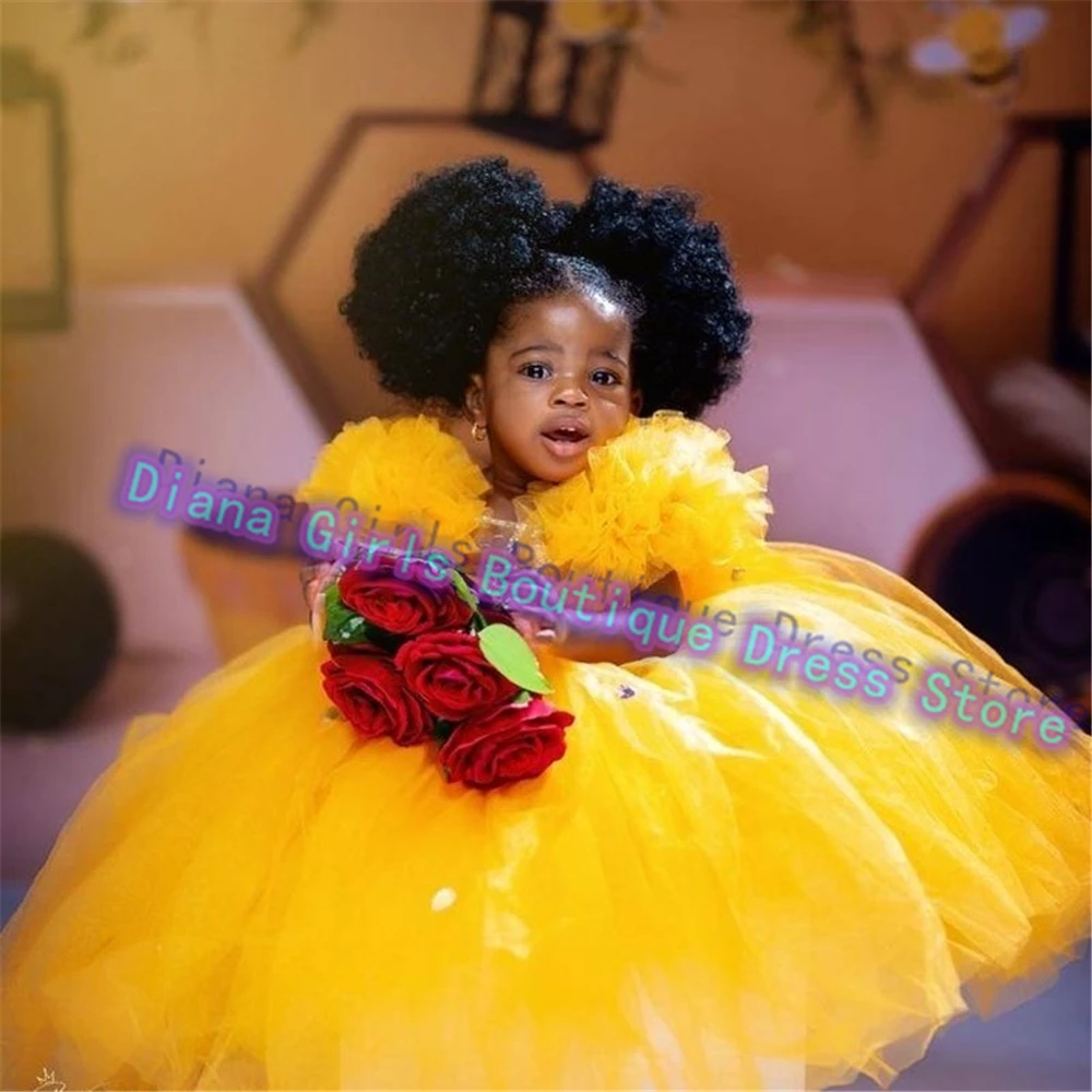 luxurious Yellow Flower Girl Dress Tulle Fluffy For Wedding Little Princess Ball Appliques Off Shoulder Banquet Customised Gowns
