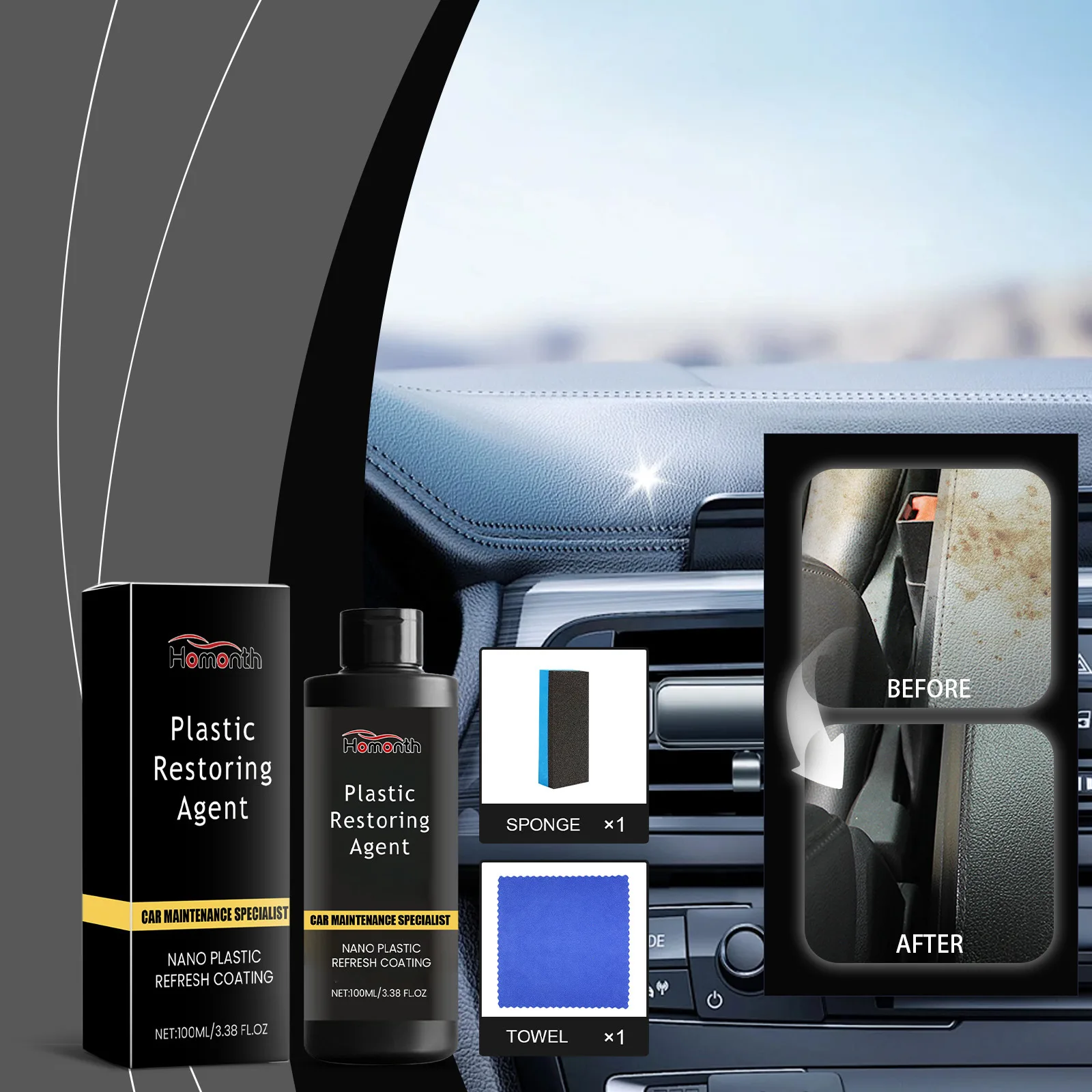 

Car Plastic Restorer Coating Agent-Nano Repair Formula for Interior Trim, Helps Remove Stains Prevent Fading, Long-Lasting Shine