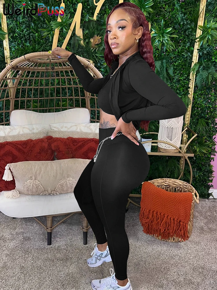 Aneh Puss setelan olahraga wanita, jaket lengan panjang ritsleting + tren Bar Halter Solid seksi 3 potong kasual Sporty + celana olahraga kurus