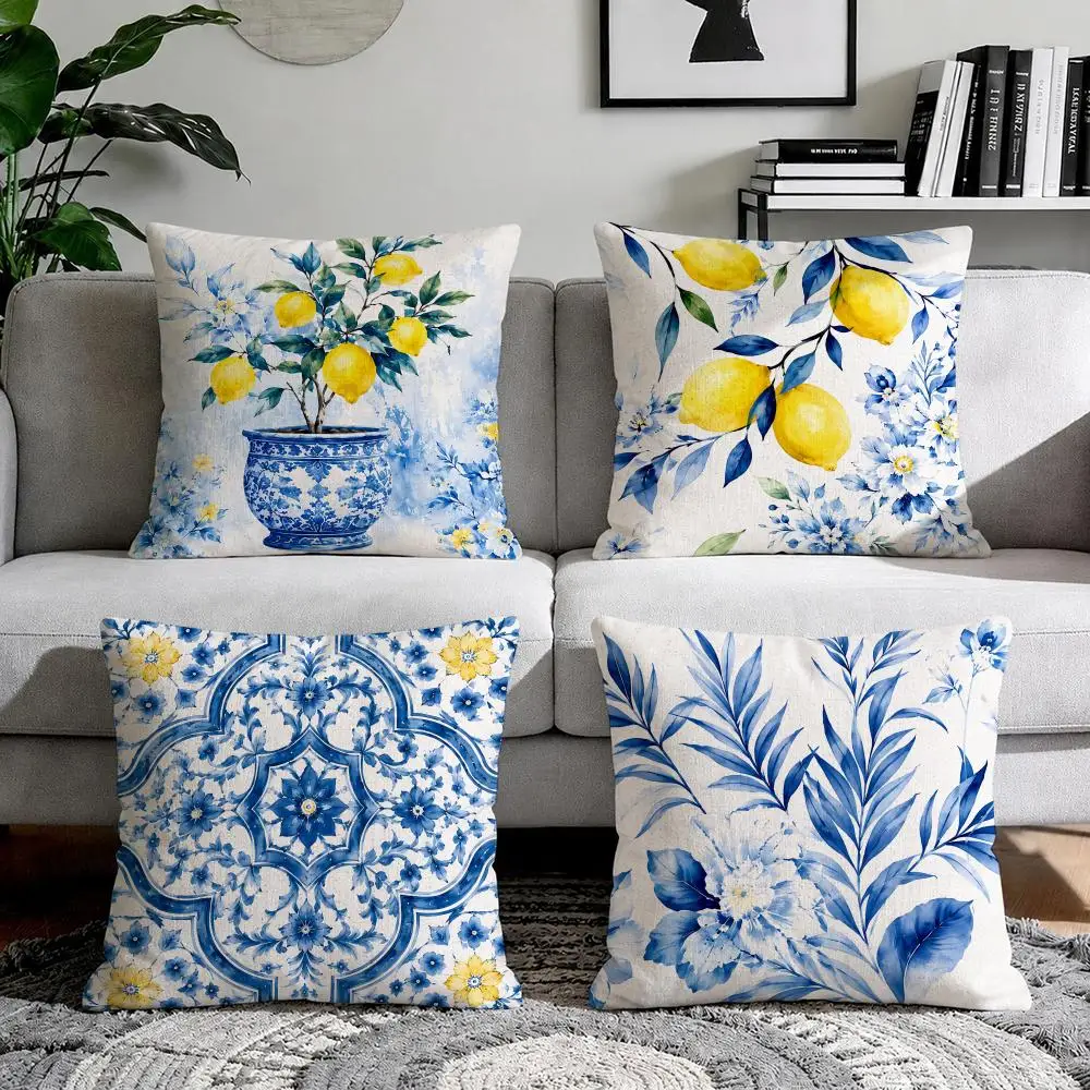 Blue Porcelain Lemon Print Cushion Cover Natural Breathable Durable Linen Printed Decor Pillow Case Sofa Bedroom
