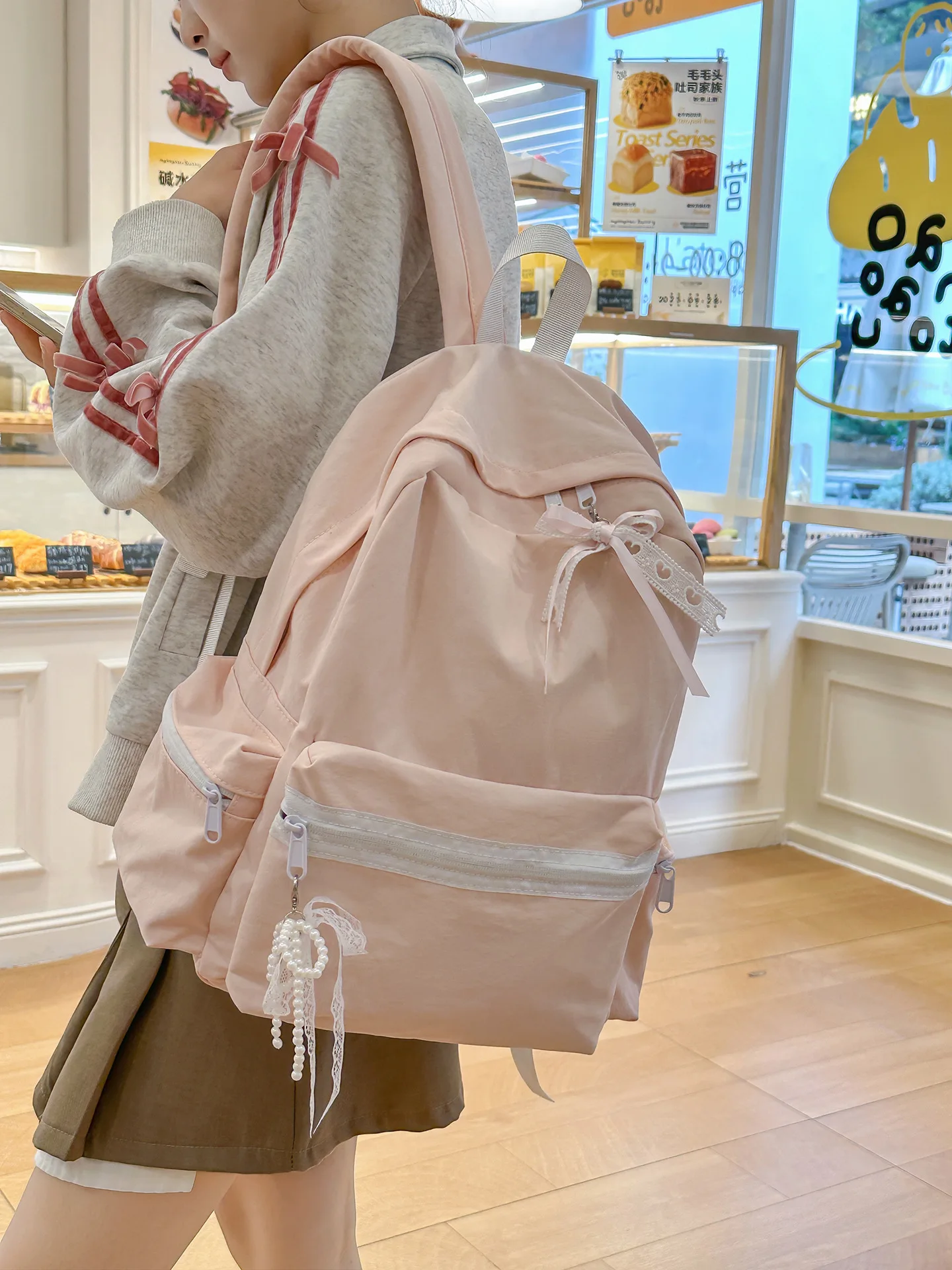 Sweet Lace Bow Girls Backpack Lightweight Nylon Large Capacity School Bag Pearl Pendant Cute  Casual Rucksack