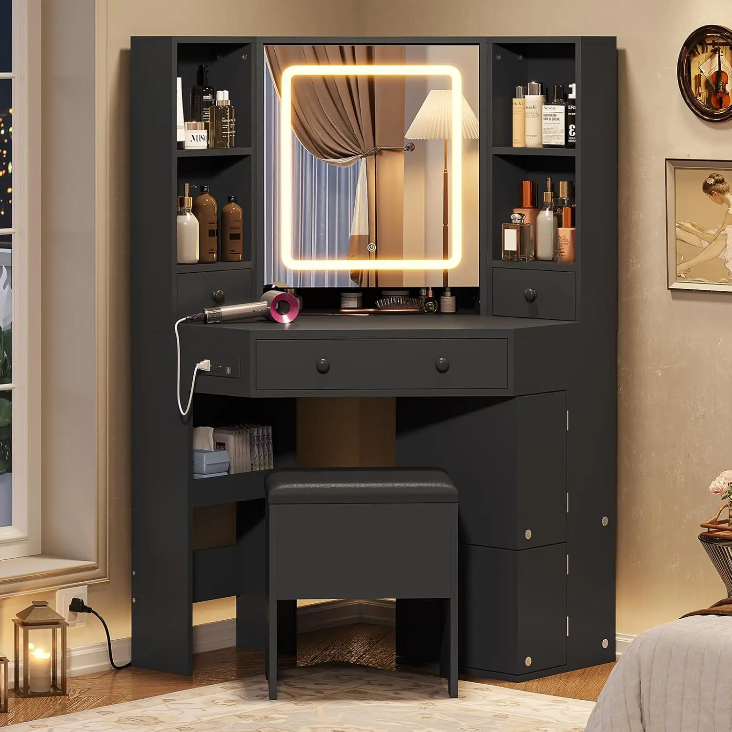 Corner Vanity Desk with Lighted Mirror, Makeup Vanity with Lights and Charging Station, Vanity Set with Mirror and Storage Stool