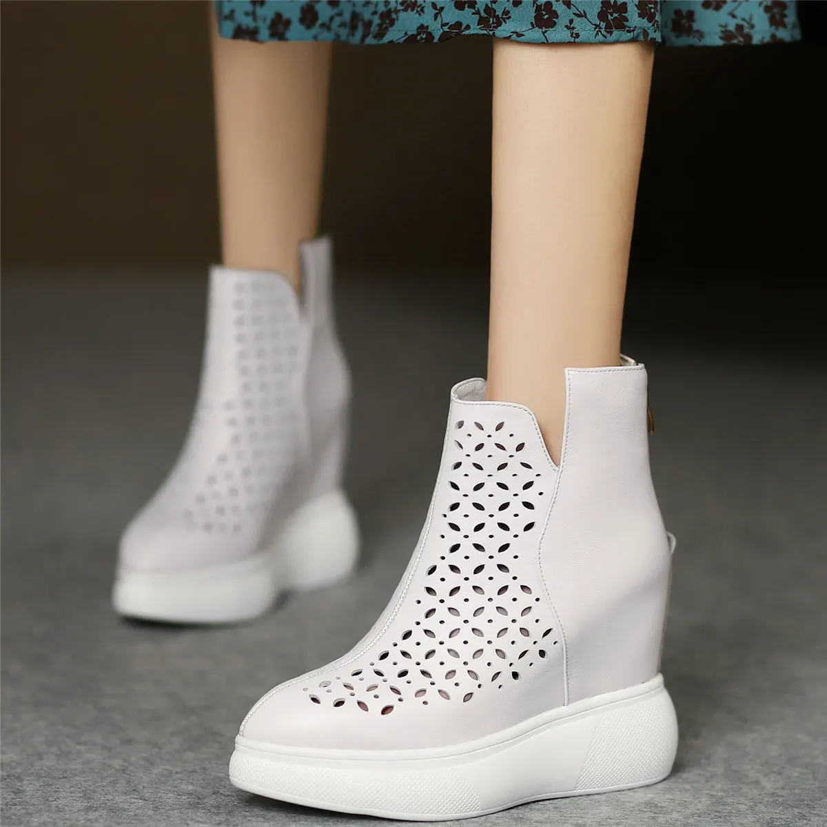 Black White Fashion Sneakers Women Hollow Genuine Leather Wedges High Heel Ankle Boots Female Summer Platform Pumps Casual Shoes