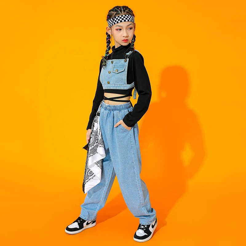 Manga comprida feminina Denim Jazz, Roupa de Performance, Roupas Modernas de Street Dance, Roupa Infantil Rave, Hip Hop, BL7230