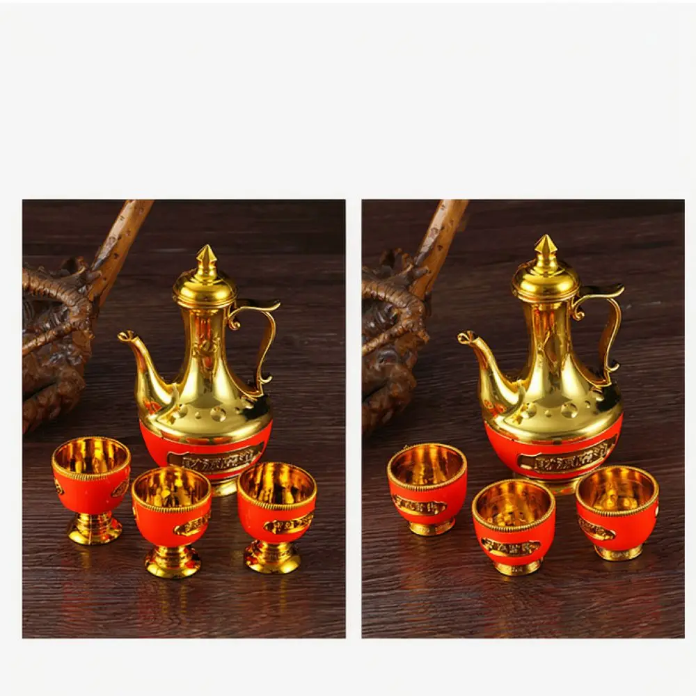 Decorative Religious Offering Tableware Set Gold Plated Plastic Wine Tea Pot Cup Lotus Tray For Buddhist Temple Home Shrine