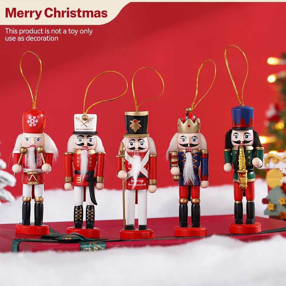 5Pcs/Set Wooden Nutcracker Soldier Puppet Christmas Tree Pendant Desktop Ornament Handicraft Doll Toy New Year Home Decoration