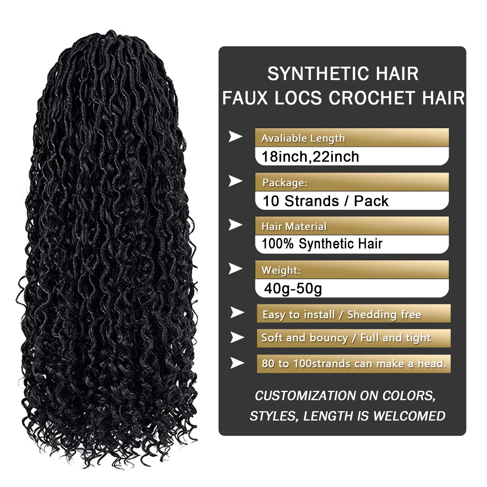 Extensiones de cabello rizado sintético para mujer, trenzas de ganchillo, Color negro, 18 pulgadas, prebucle, diosa, suave