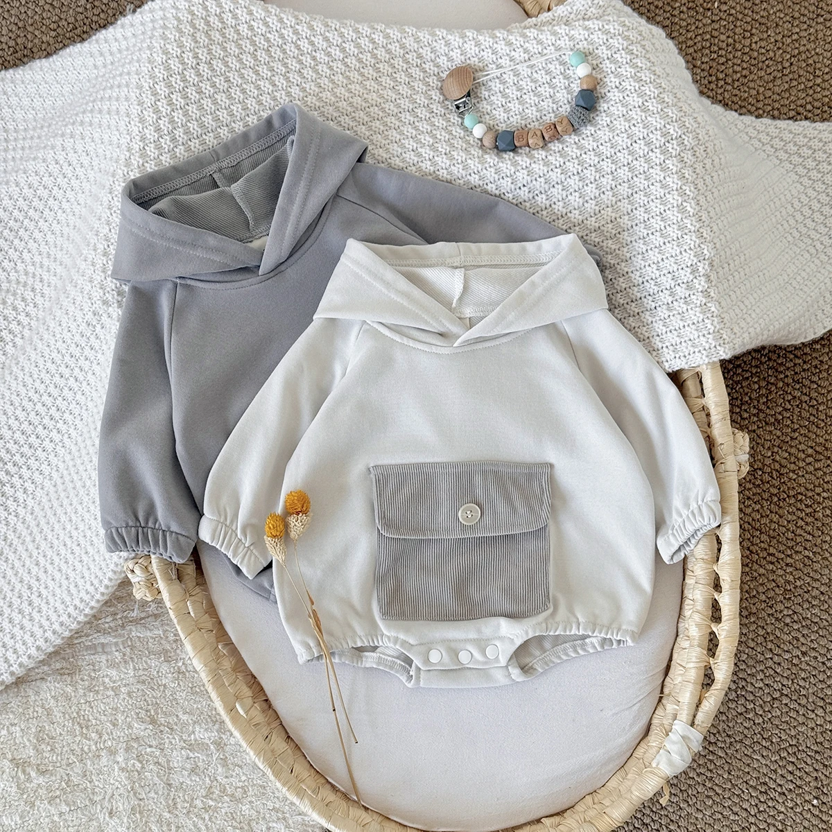Korean Style Baby Cotton Pocket Hoodie Comfortable Holiday Bodysuit Unisex Autumn Infant Jumpsuit Toddler Newborn One Piece