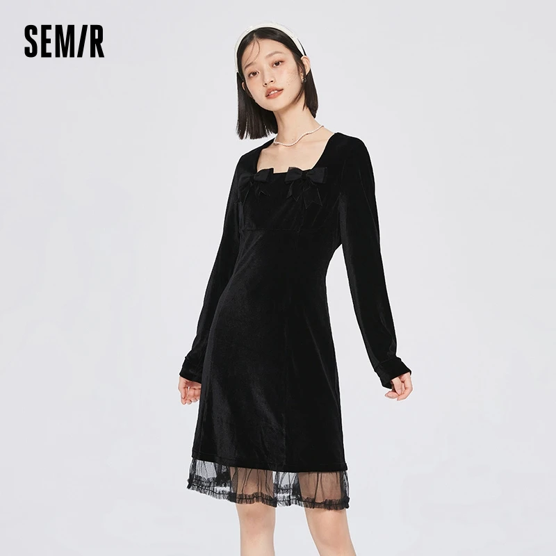 Semir Dress Women\'s Side Neck Bow Stitching Mesh 2023 Winter New Elegant Temperament Drape Velvet Dress