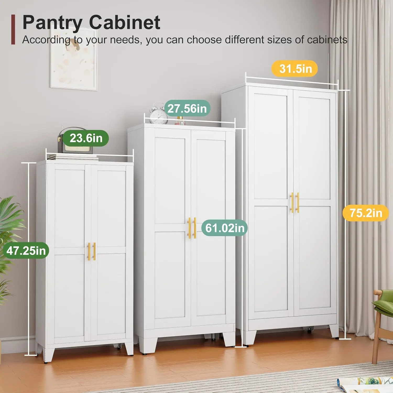 Metal Pantry Cabinet  ,Kitchen Storage Cabinet with Gold Handles - Versatile Storage for Kitchen,Bathroom,Dining Room,Customized