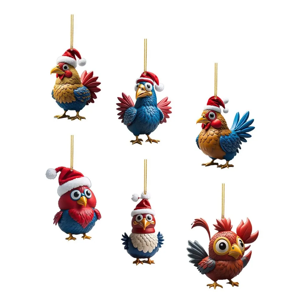 Creative 2D Flat Rooster Pendant Cute Cartoon Christmas Rooster Ornament Acrylic Car Chicken Pendants Home Decor