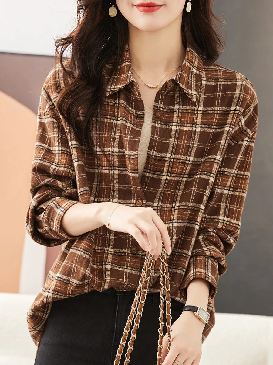 

Autumn 2025 Women's Loose Fit Long Sleeve Shirt Original Design Polyester Fiber Breathable Comfortable Plaid Patterned Shirt
