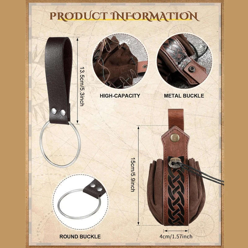 2Pcs 4Pcs Halloween Medieval Knight Retro Leather Belt, Purse Fanny Pack Key Ring Set, Renaissance Viking Warrior Accessories, R