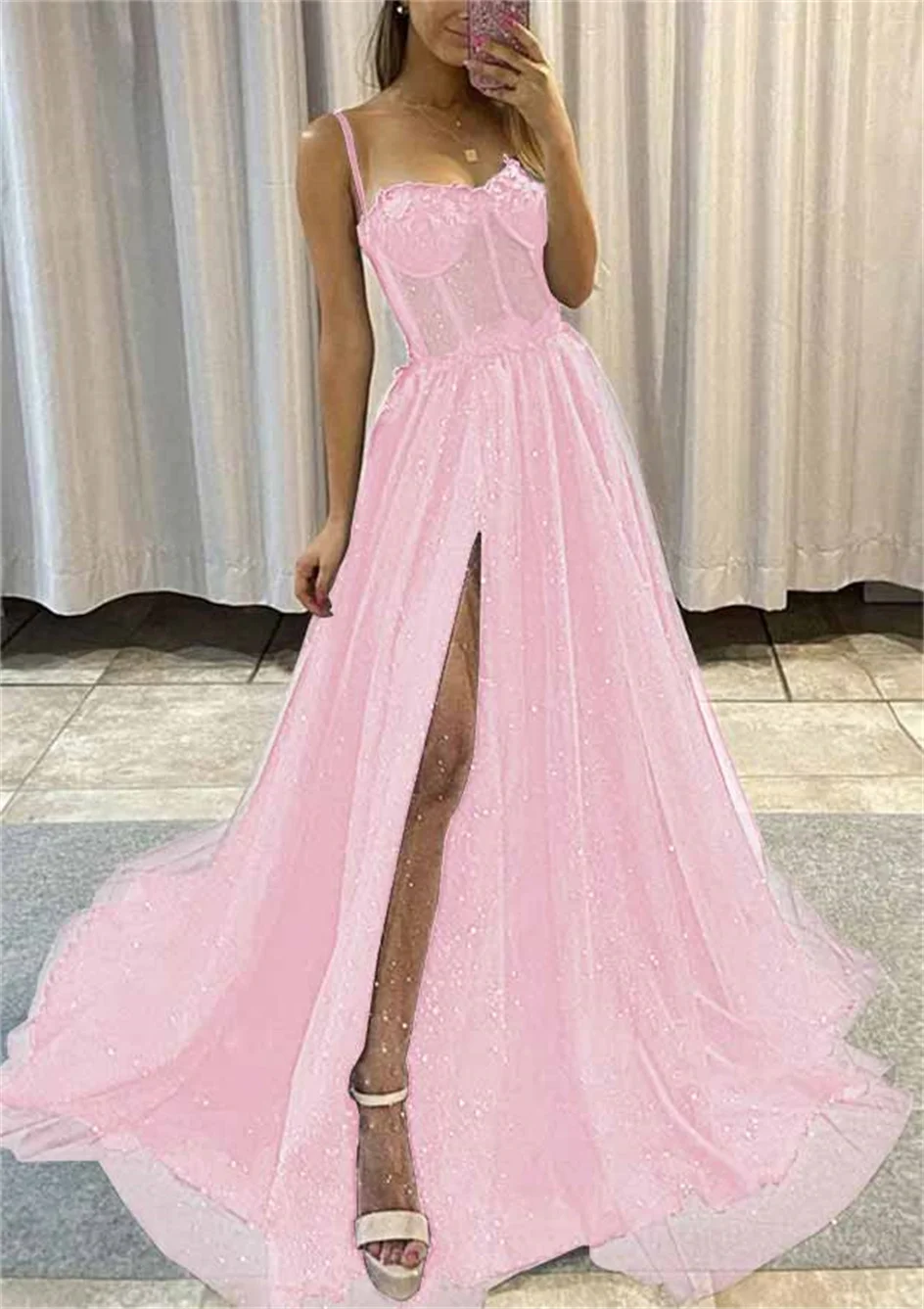 

Shiyicey Sleeveless Sweetheart Illusion Silt Graduation Prom Spaghetti Strap Elegant Bridesmaid Wedding Formal Party Ball Gowns