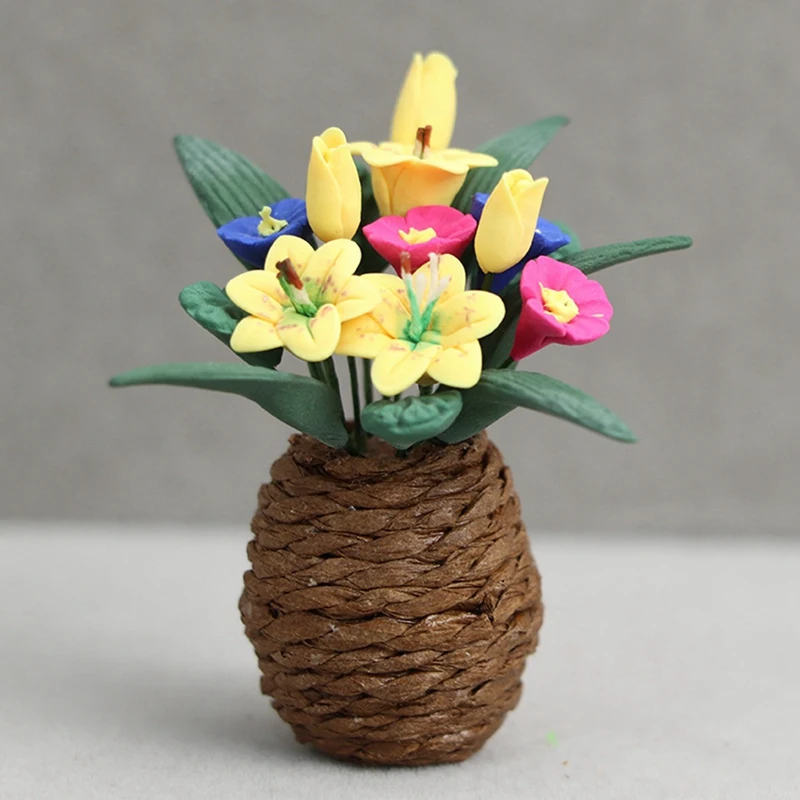 1/12 Dollhouse Mini Clay Potted Plant Simulation Flower Model For Doll House Decoration Accessories