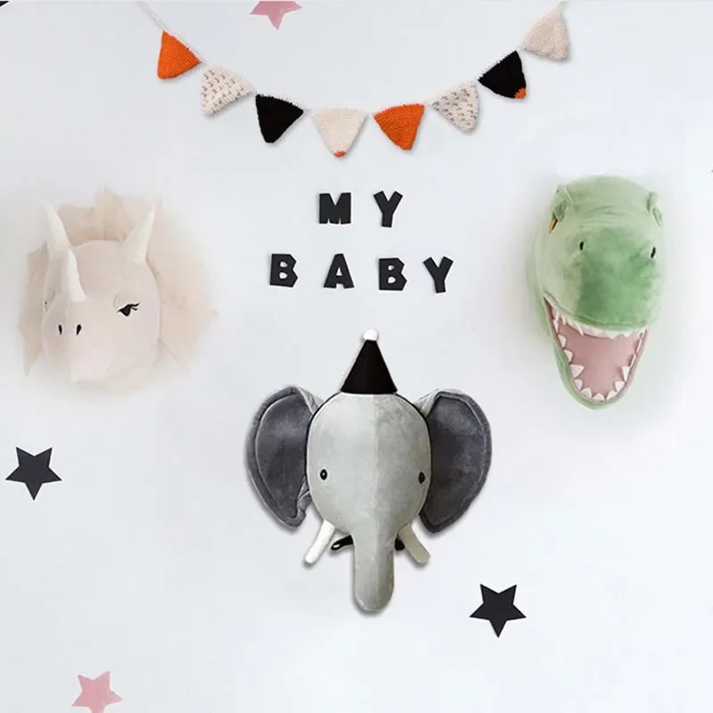 Animal Head Dinosaur Wall Decor Elephant Deer Hanging Mount Stuffed Animal Plush Toy Princess Doll Girl Kid Gift Nursery Room