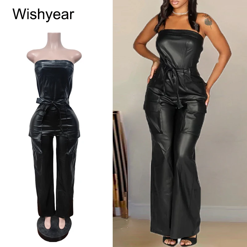 

Fashion PU Faux Leather Black Jumpsuits Women Off Shorlder slash neck Wide Leg Pants Rompers Streetwear Moto Biker Overallls
