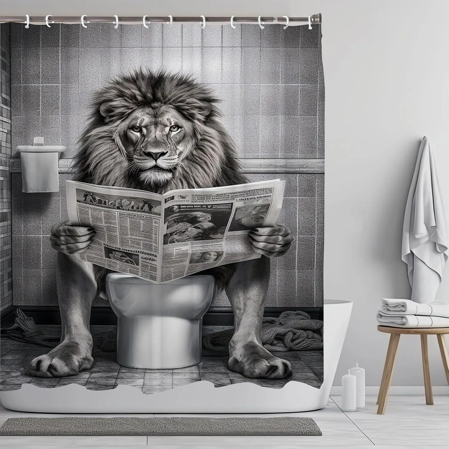 Black White Funny Lion Leo Shower Curtain, Humorous Large Cat Wildlife Waterproof Bathroom Bath Curtain 72x72 Inch For Men