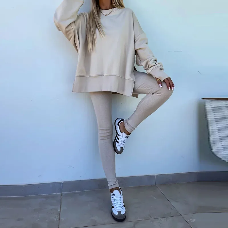 

Women O Neck Long Sleeved Pullover and Pencil Pants Suit Casual Solid Color Sports Two Piece Set Autumn Sweatshirt Loose Outfits