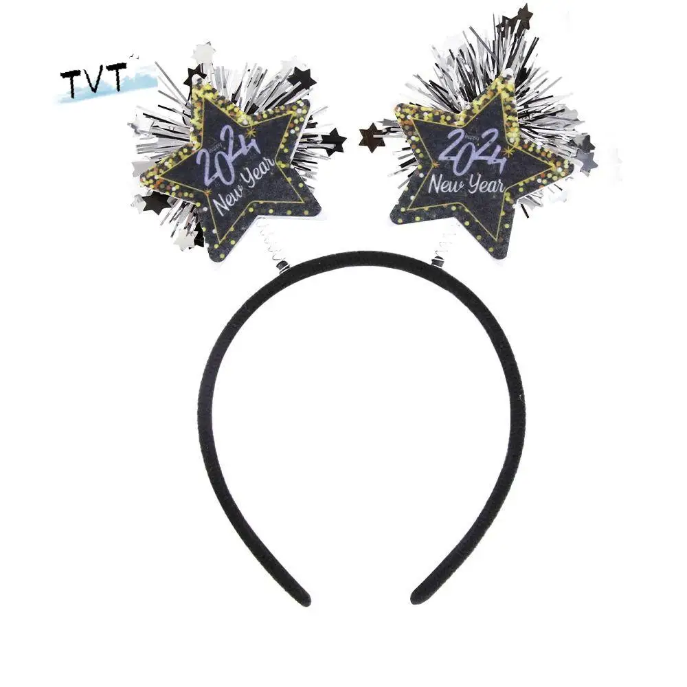 

Sequin 2024 Happy New Year Headband Letter Tinsel Christmas Headpiece Photographic Headwear Plastic New Year Headdress