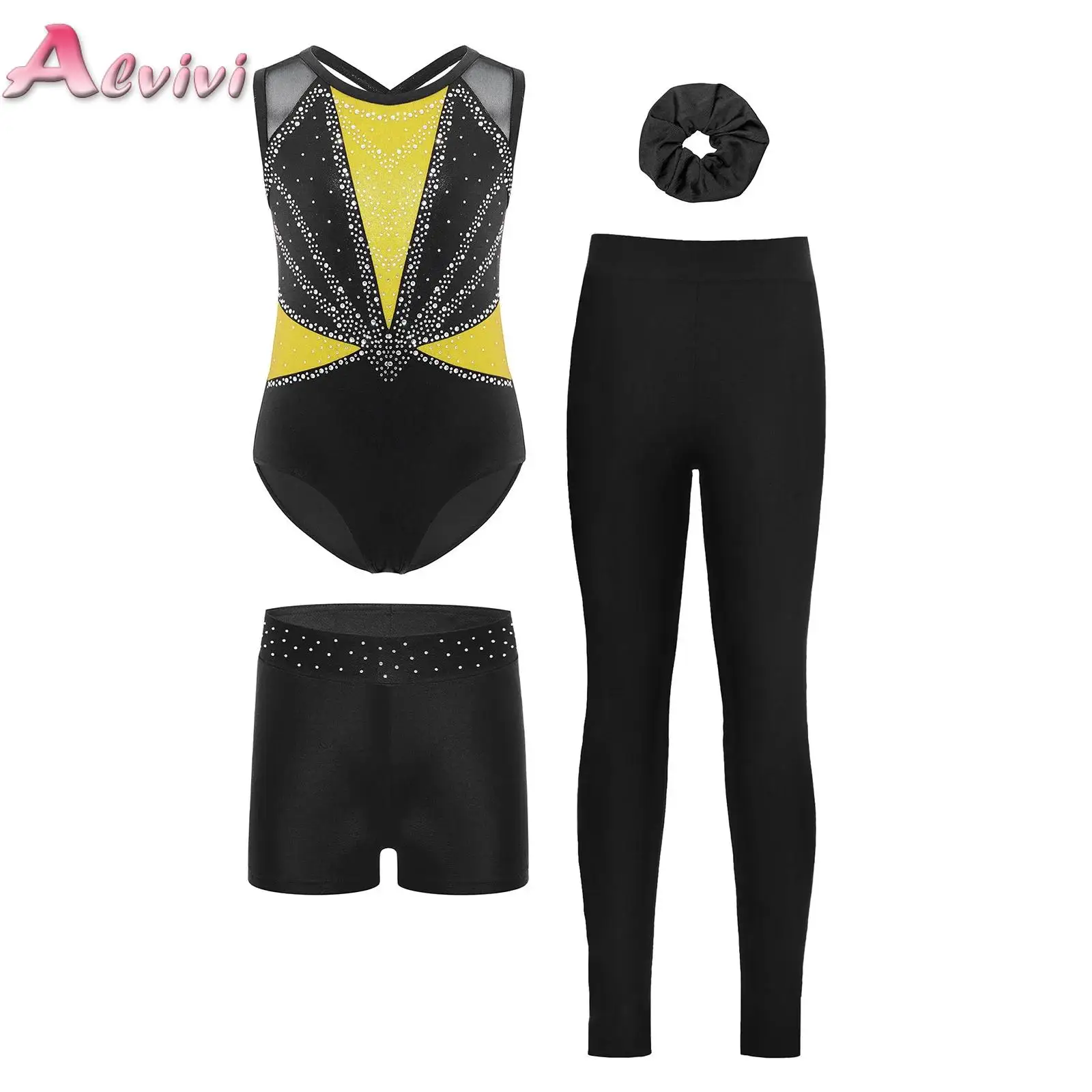 Kids Girls Gymnastics Suit Ballet Dance Figure Skating Costume Shiny Rhinestones Color Block Leotard+Shorts+Leggings+Hairband