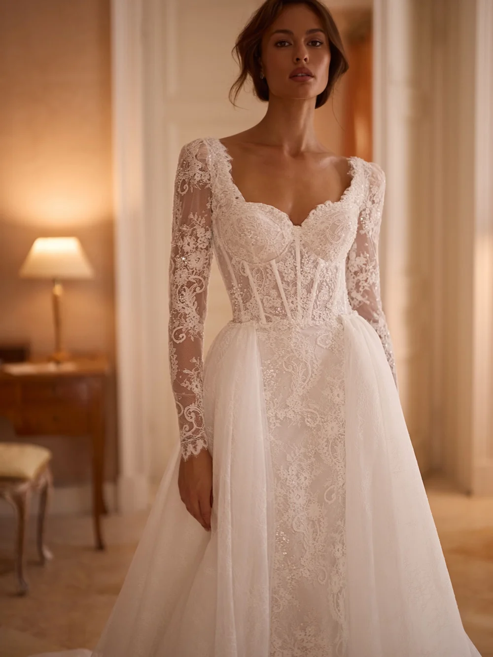 Luxury Beaded Lace Wedding Dress With Overskirt Romantic Sweetheart Neck Bridal Gown Customized Charming Dresses For Bride