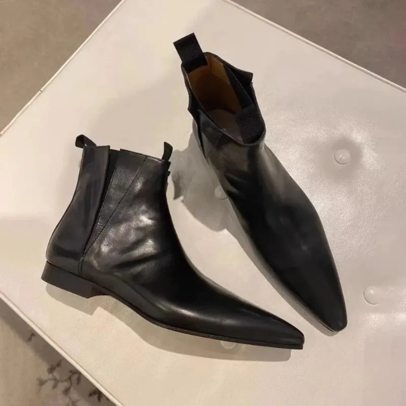 

Женские короткие ботинки в стиле ретро, осенне-зимние, из натуральной кожи, с острым носком, челси, на плоской подошве, тонкие туфли для женщин