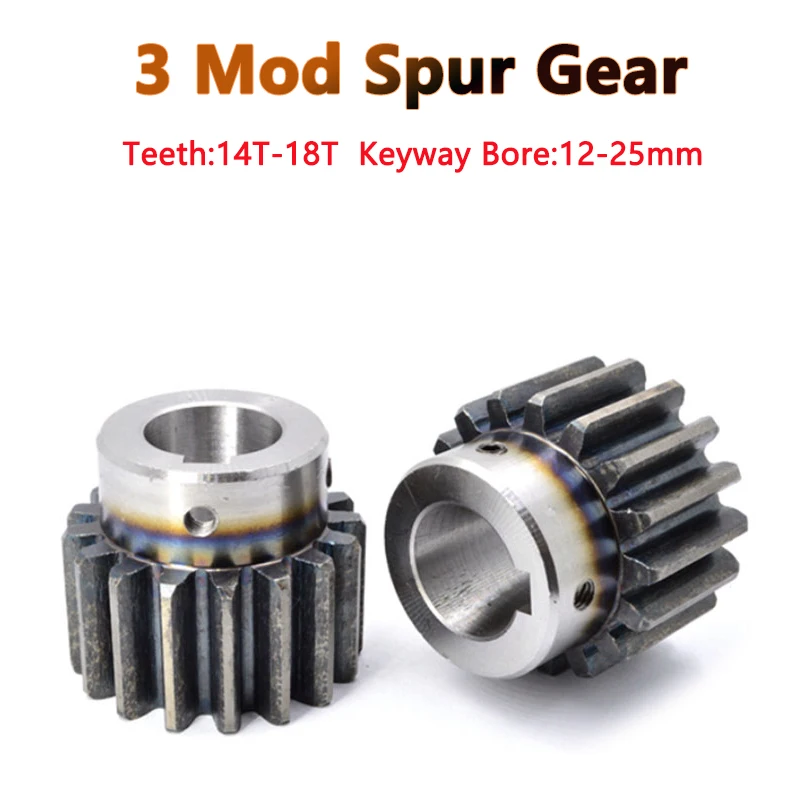 

1pc 14 15 16 18 Teeth 3M Spur Gear With Step Keyway Bore 12/14/15/16/18/20/22/24/25mm 45# Steel 3 Module Motor Gear OD 48-60mm