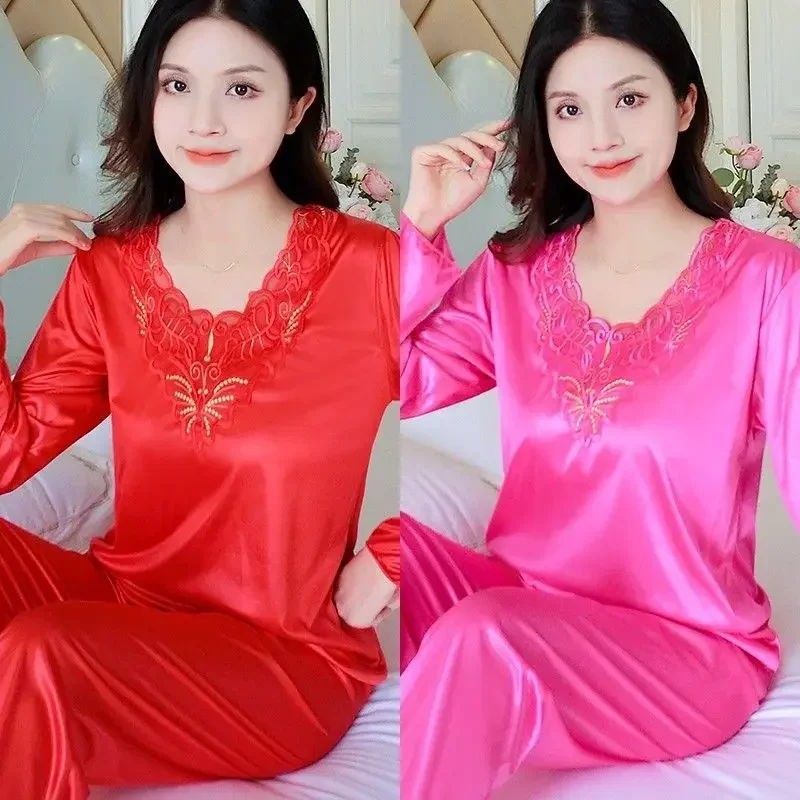 Large size pajamas for women spring and autumn styles ice silk thin style sexy long sleeved home clothing set, summer