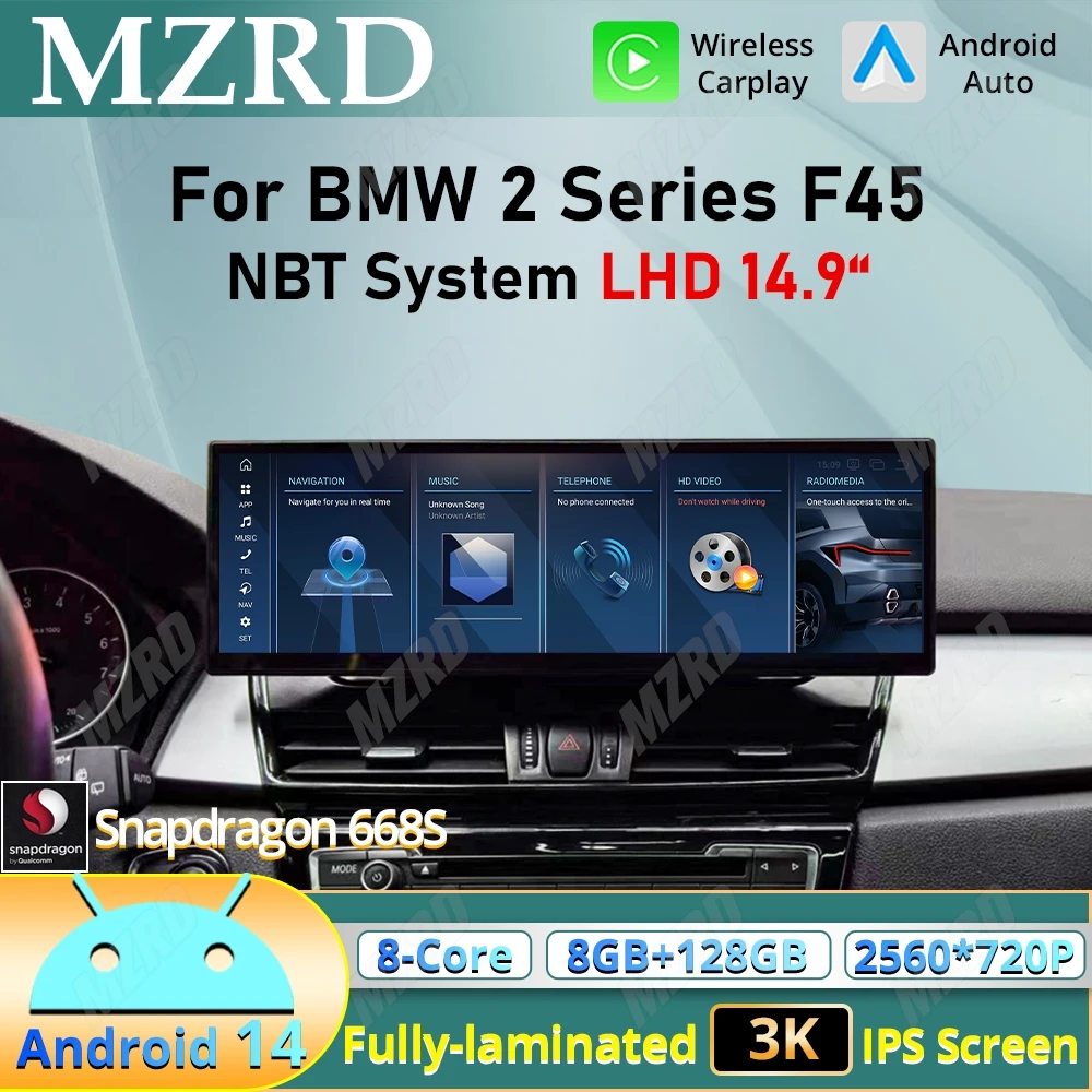 

MZRD 14.9'' Android 14 Wireless Carplay Auto Car Multimedia Player For BMW 2 Series F45 LHD NBT System GPS Navigation BT HU Navi