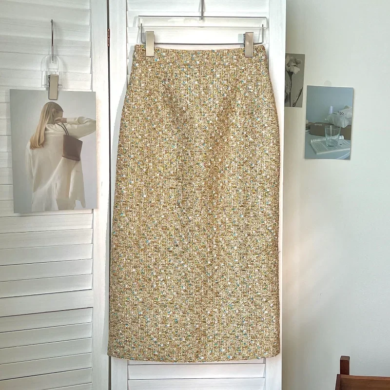 

Женская твидовая юбка с разрезом, элегантная длинная приталенная юбка с поясом на резинке, золотого и французского цветов, в винтажном стиле, 2024