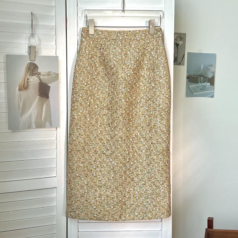 Women 2024 New Light Gold French Small Fragrance Vintage Tweed Elastic Waist Slim French Office Elegant Split Long Skirt