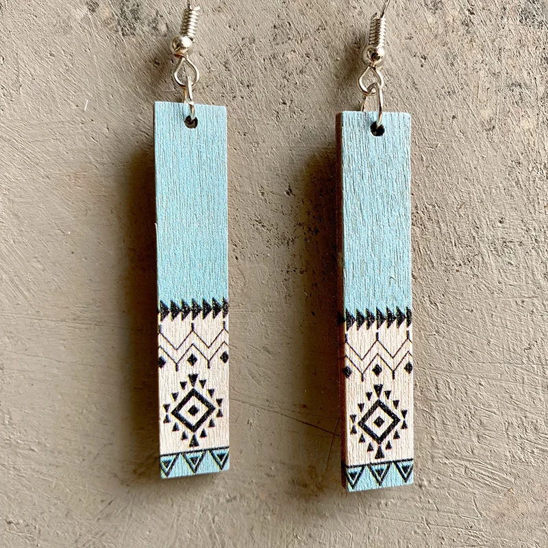 Simple Wooden Jewelry Aztec Print Pattern Earrings European Popular Rectangular Wooden Earrings