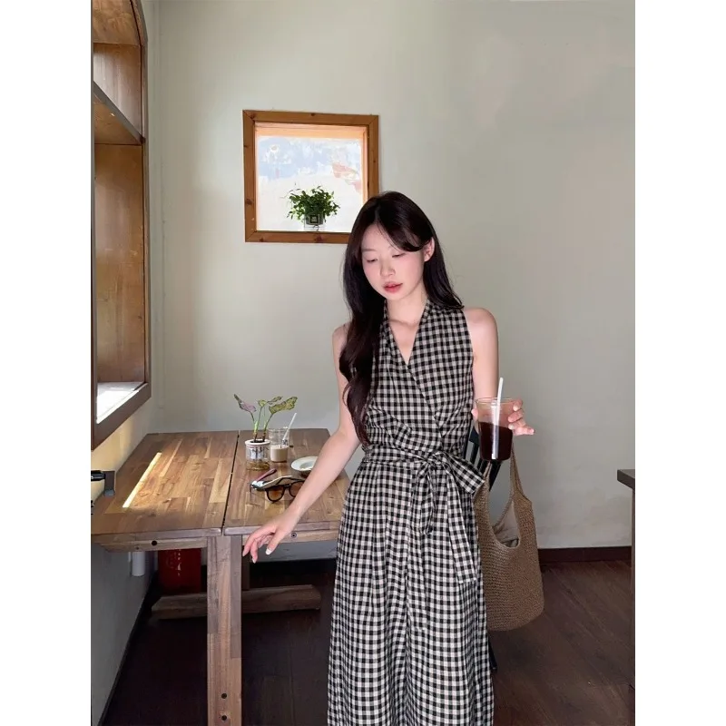 봄과 여름 신상 한국 스타일 니치 디자인 레이스업 홀터 체크 조끼 와이드 레그 캐주얼 팬츠 투피스 세트