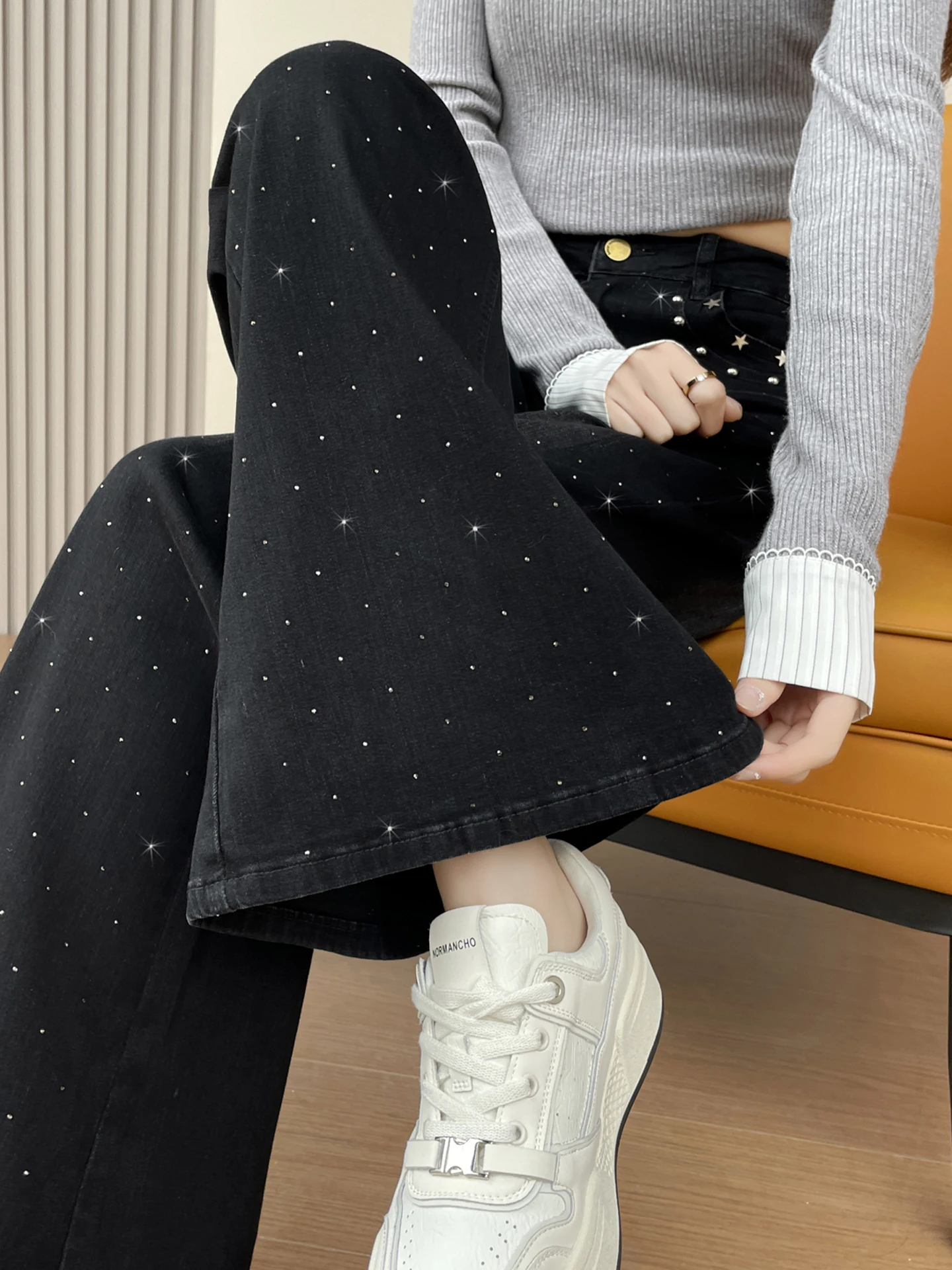 

High Waist Glitter Denim Jeans Women's Spring Autumn New Sle Slim Fit Hoof Pants Star Micro Flared Pants