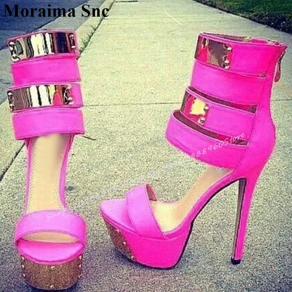 

Graceful Rose Red Platform Strappy Sandals Thin High Heel Women Shoes Back Zipper Open Toe 2025 Fashion Zapatos Para Mujere