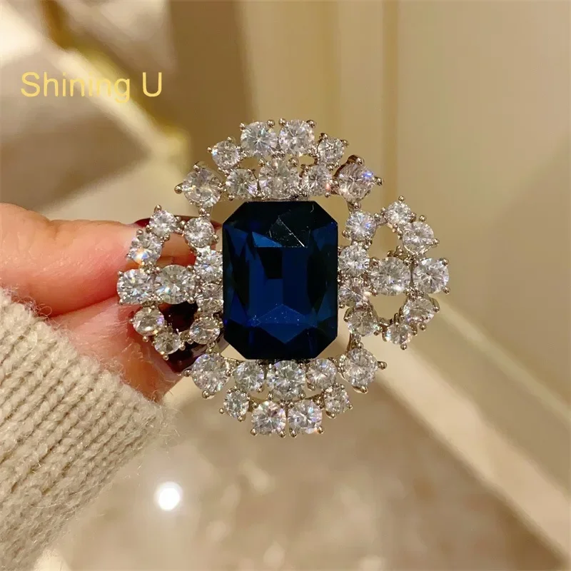 Shining U Vintage Sapphire Brooch for Women Men Luxury Overcoat Accessory