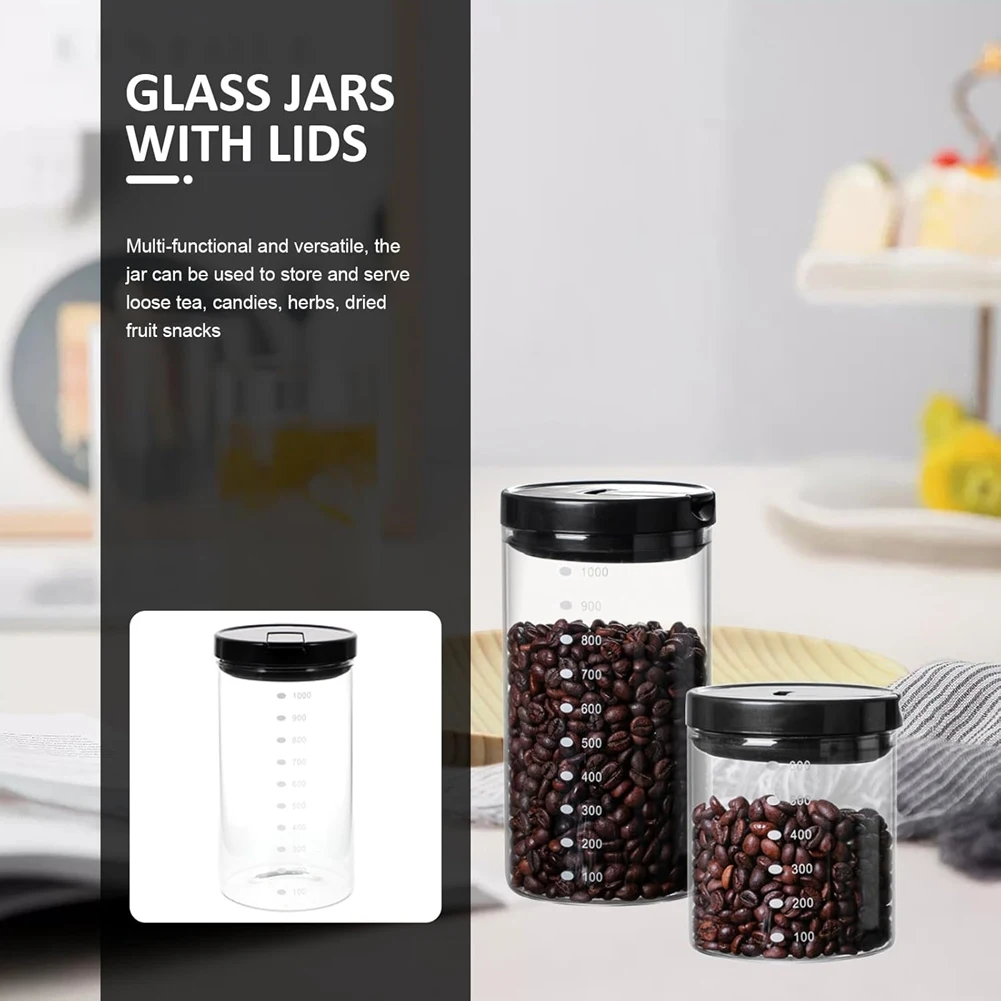 Glass Food Storage Jar 1000ml Airtight Glass Snack Container with Black Lid, Sealed Dry Food Canister for Kitchen Pantry