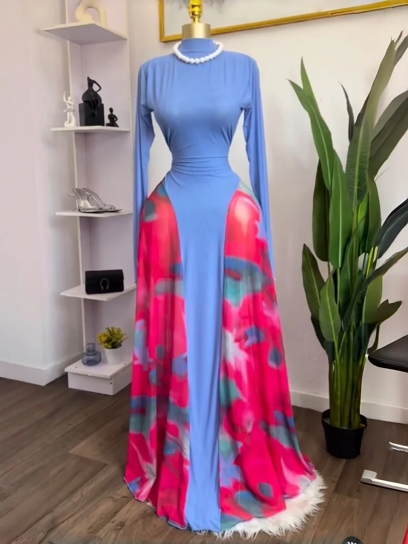 فستان نسائي طويل من GLCMYAYA مطبوع عليه ربطة عنق وياقة ساق كبيرة سوينغ على شكل حرف a فستان طويل لحفلات أعياد الميلاد فساتين طويلة #1