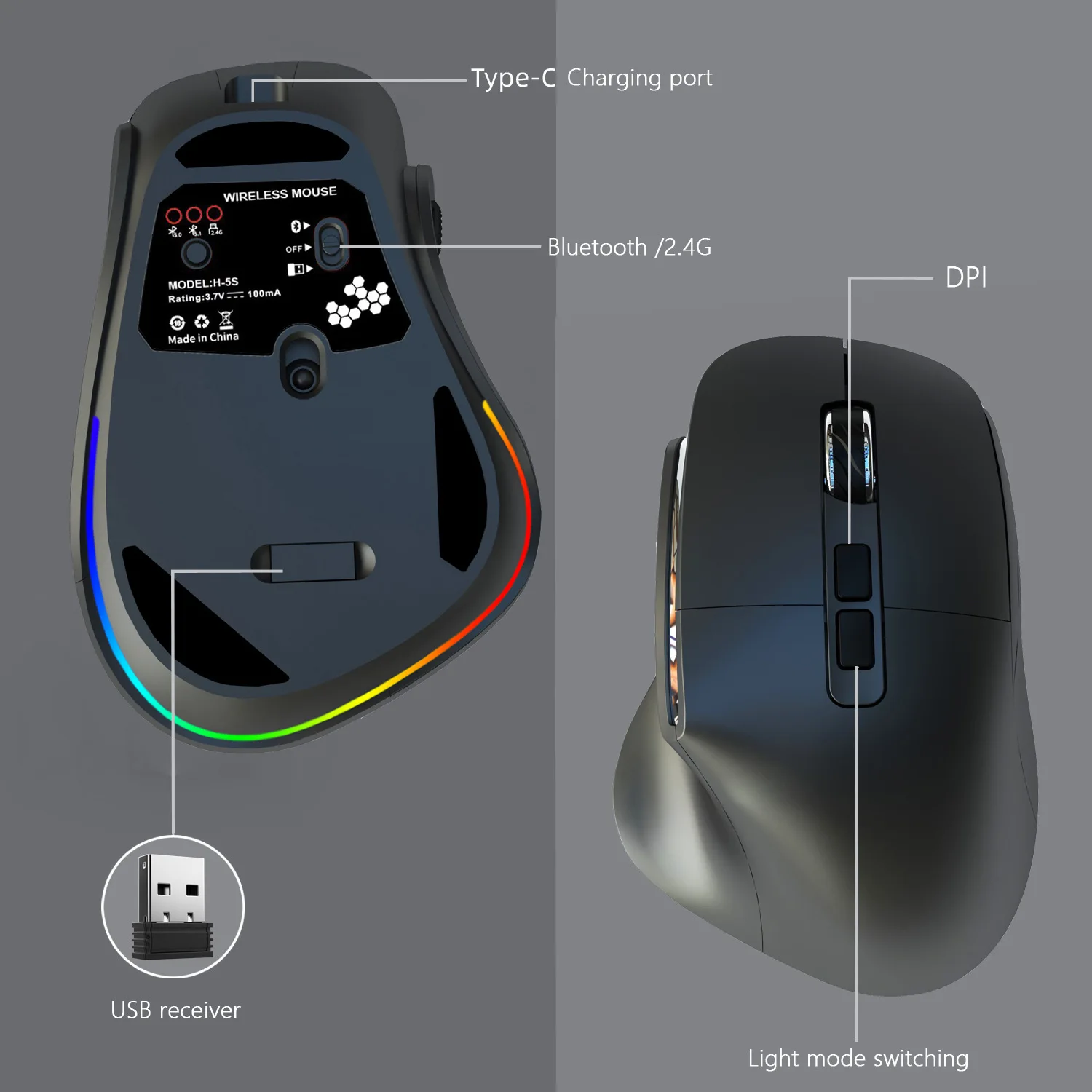 Mouse Bluetooth de Modo Duplo Sem Fio, Ratos Ergonômicos Recarregáveis RGB Gaming, 2.4G, 2400 DPI, Escritório, Tablets, Laptop, iPad, PC