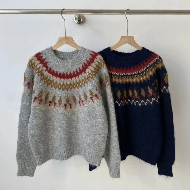 3D Korean Knit Sweater Female Autumn Winter Y2K Korean Contrasting Cotton Loose And Lazy Round Neck Long Sleeve Pullover Top New
