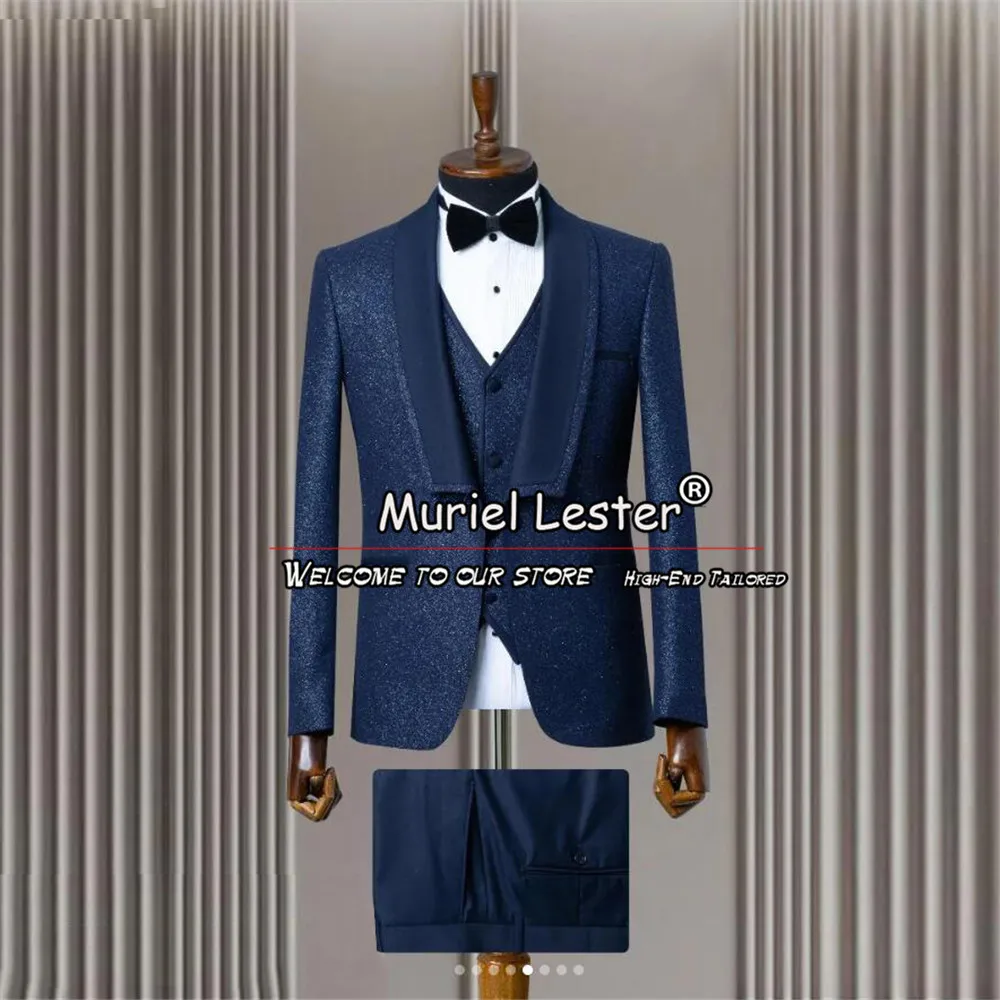 Elegant Navy Suits Men For Wedding Single Breasted Blazer Vest Pants 3 Pieces Formal Groom Tuxedos Bespoke Jacket Costume Homme